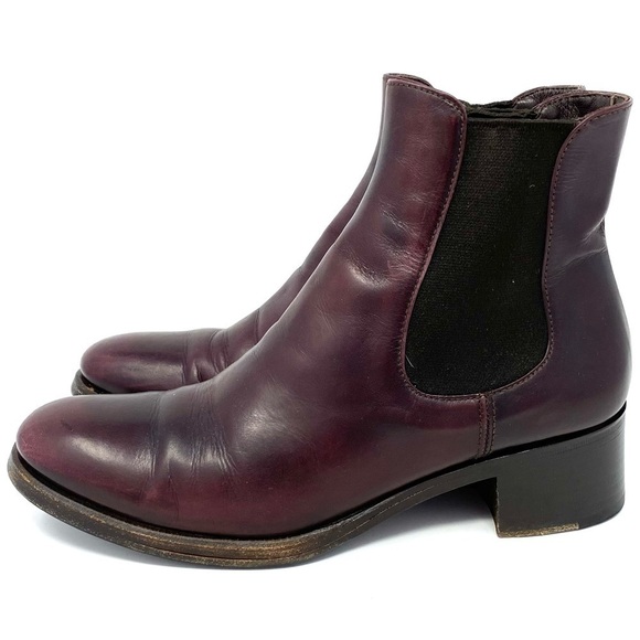 PRADA LOW LEATHER ANKLE CHELSEA BOOT IN EGGPLANT SZ 6.5 - Picture 1 of 10